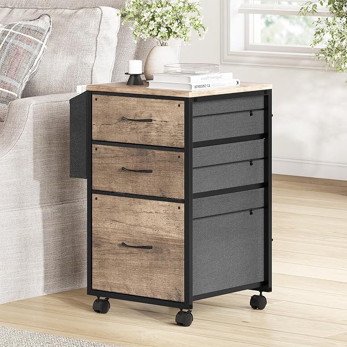 VINGLI 3 Drawer File Cabinet with Side Bag, Rolling File Cabinet Mobile Under Desk File Cabinet with Wheels, Fabric Drawers Printer Stand for Home Office, Fits Letter Size, Rustic Gray