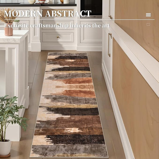 Ciicool 2x6 Washable Runner Rug, Modern Abstract Hallway Rugs Runner, Non-Slip Thin Accent Rug Lightweight Brown Grey Print Distressed Carpet for Laundry Entryway Bedroom Kitchen Indoor