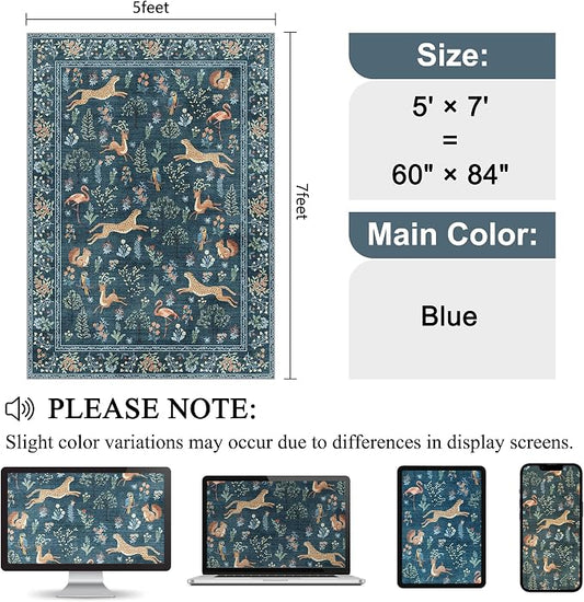 DUKINO 5x7 Rug, Washable Animal Living Room Rug with Non Slip Vintage Design, Soft Low Pile Large Carpet for Bedroom, Nursery, Dining Room, Farmhouse, Playroom, Blue