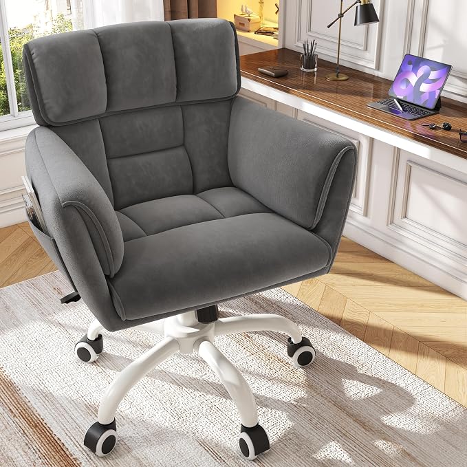 DurayLoly Home Office Chair with Wheels Soft-Touch Material,Modern Cute Vanity Chair with Back Adjustable Height Upholstered Comfy Desk Chairs with Side Pockets for Bedroom,Grey
