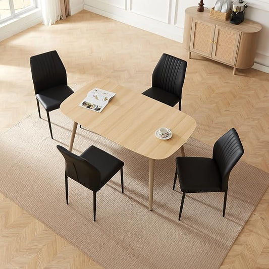 HIPIHOM Modern 4-Piece Dining Table Set with Leather Chairs | 55.1 Inch Wood Kitchen Table & 4 Black Leather Seats | Space-Saving Durable Furniture for Small Spaces, Dining Room, Breakfast Nook