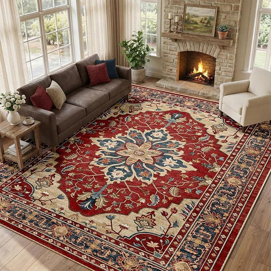 RELEANY Area Rugs Large 10'x12' Washable Non-Slip, Floral Vintage Distress Medallion Carpet for Living Room Bedroom Dining Room, Red Blue