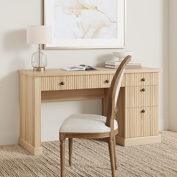 Garvee Fluted Home Office Desk with File Drawer, 54" Modern Executive Desk with Charging Station, Wooden Computer Writing Desk for Home Office, Study Room, Oak