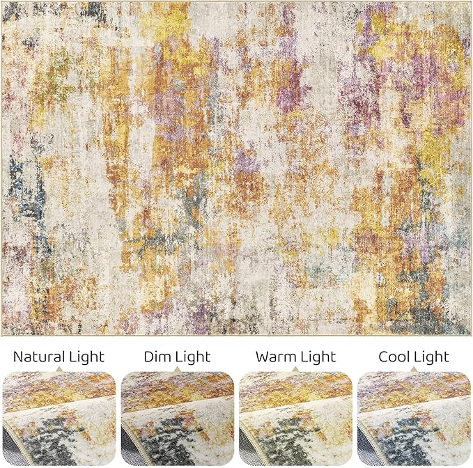 7x10 Area Rug Living Room: Machine Washable Large Abstract Modern Soft Rug Stain Resistant Indoor Floor Non Slip Accent Carpet for Bedroom Nursery Playroom Office Dining Room Dorm- Gold Colorful