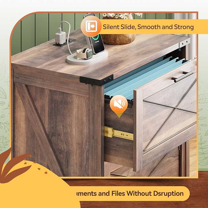 DEVAISE Lateral File Cabinet with Lock, 2 Drawers & Charging Station, Farmhouse Wood Printer Stand with Large Storage, Fits A4/Letter/Legal Hanging Files, Dark Brown