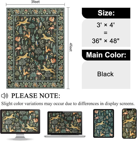 DUKINO 3x4 Washable Entryway Rug, Vintage Animal Ultra Soft Kitchen Area Rug with Non Slip Backing, Low Pile & Stain Resistant Indoor Door Mat for Bathroom, Bedroom, Laundry Room, Office, Black