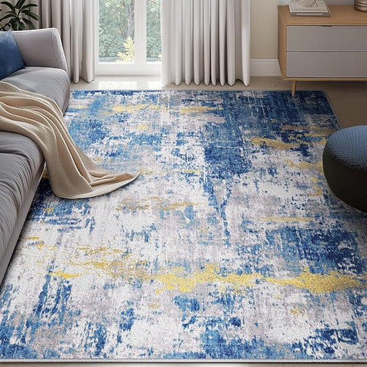 RELEANY Washable Area Rugs 6'x9' Non-Slip Modern Abstract Soft for Living Room Entryway Bedroom Kitchen, Print Pattern, Grey Blue Gold/Golden