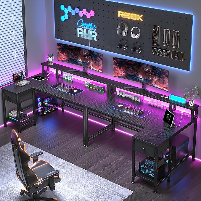 DurayLoly 40" L- Shaped Gaming Desk with LED Lights & Power Outlet,Gaming Desk with Monitor Stand for Gamer,Home Office Desk with Drawer for Student Study Room,Bedroom,Small Working Room,Black