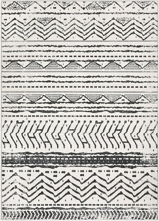 Nakagishi Area Rug Living Room Rugs: 6X9 Machine Washable Boho Large Neutral Farmhouse Stain Resistant Moroccan Indoor Floor Carpet for Bedroom Nursery Dorm Dining Room Home-Ivory Black