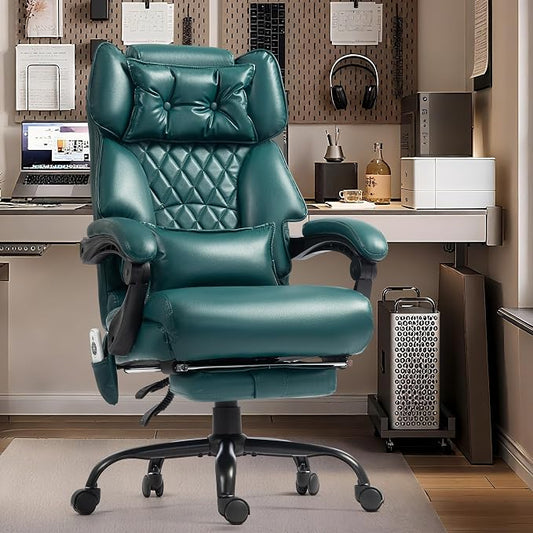 Massage Office Chair with Foot Rest,6 Points Vibration & Heat Executive Office Chairs for Heavy People,500LBS Big and Tall Office Chair,Ergonomic Reclining Desk Chair,Dual-Use Pillow,Home Office,Green