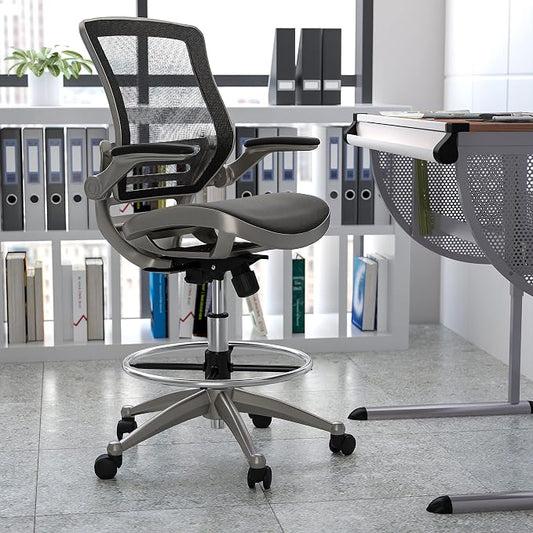 Flash Furniture Waylon Mid-Back Swivel Office Chair with Adjustable Foot Ring and Seat Height, Ergonomic Mesh Chair with Armrests, Black/Silver