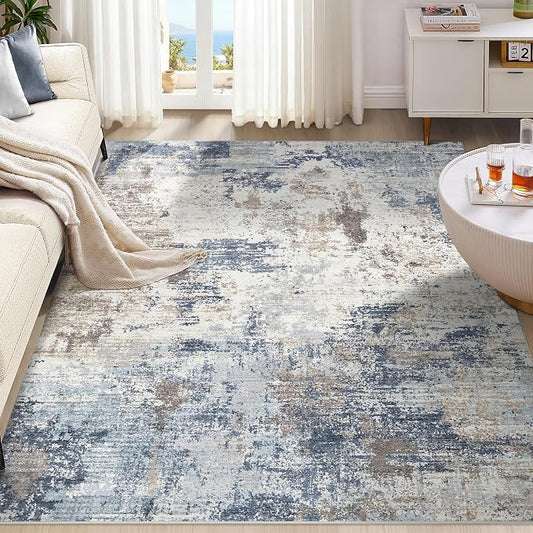 UERMEI 5x7 Area Rug Living Room Rugs - Washable Neutral Modern Abstract Soft Thin Large Rug Indoor Floor No Slip Rug Carpet for Bedroom Under Dining Table Home Office Decor - Denim Blue