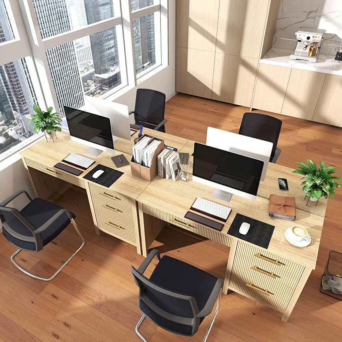 Modern Executive Desk with Drawers: 54 Inch Oak Home Office Desks with File Drawer, Wood Fluted Desk with Storage, Writing Computer Desks with 4 Drawers