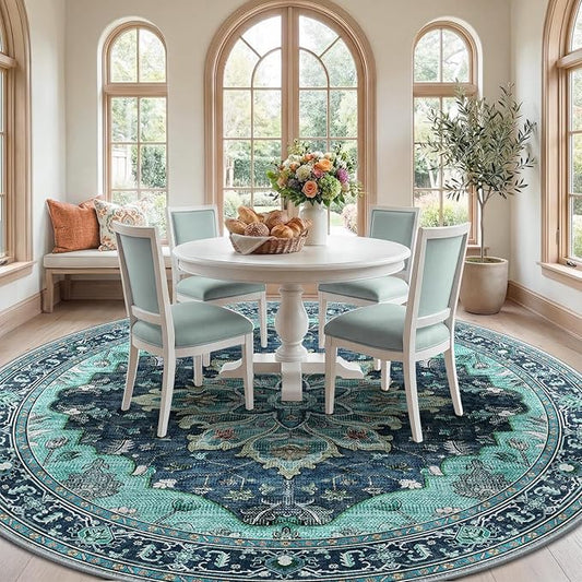 RELEANY Area Rugs Round 8ft Washable Non-Slip, Floral Vintage Distress Medallion Carpet for Living Room Bedroom Dining Room, Teal Green Lake Blue Turquoise