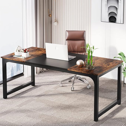 LITTLE TREE 70.8 Inch X-Large Executive Computer Office Desk, Brown+Black