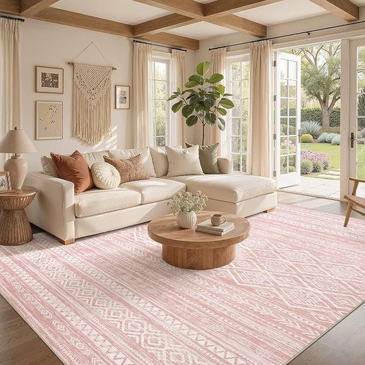 Nakagishi Area Rug Living Room Rugs: 8x10 Large Soft Machine Washable Boho Moroccan FarmNeutral Stain Resistant Indoor Floor Carpet for Bedroom Under Dining Table Home Office Decor-Pink