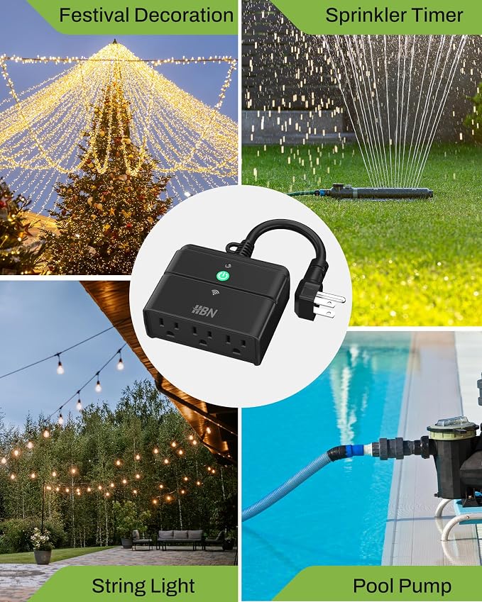 HBN Outdoor Smart Plug,Wi-Fi & Bluetooth Heavy Duty Outlet with 3 Independent Outlets,Compatible with Alexa and Google Assistant,IP44 Waterproof,Voice & APP Control Outlet,No Hub Required,ETL Listed