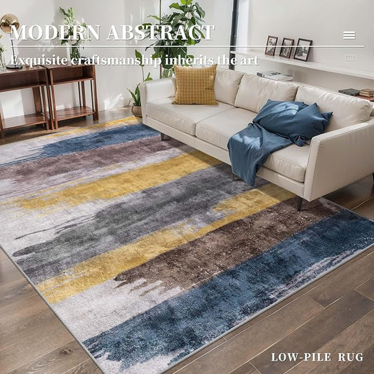 Ciicool Abstract Area Rug Indoor, 3x5 Washable Entryway Rug, Modern Soft Throw Rug with Non-Slip Backing Ideal for Bedroom Living Room Entrance Kitchen, Low-Pile Floor Carpet Doormat Yellow Blue Grey