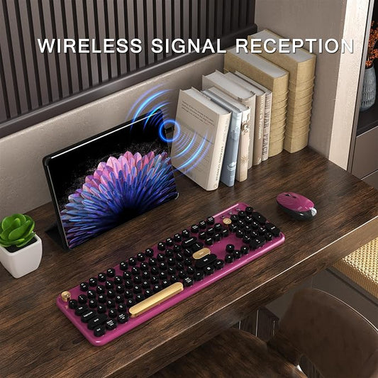 MPTOG Colorful Wireless Computer Keyboard and Mouse Combo with Round Typewriter Keycaps, Retro Design, Power Switch, Ergonomic Design, 2.4GHz Wireless for Windows, Mac, PC(Black-Claret)