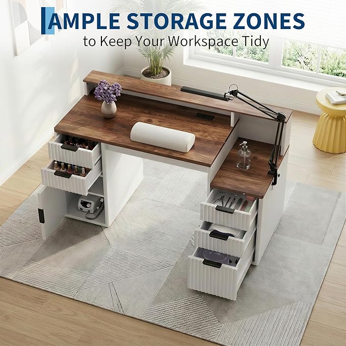 IDEALHOUSE Rectangular Computer Desk with Hutch & Printer Stand, Ripple Door Storage Home Office Desk, Space-Saving Study Writing Desk for Bedroom, Sturdy Board Student Desk with Easy Assembly