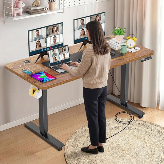 farexon 55 x 24inch Electric Standing Desk Adjustable Height with Power Outlets, Stand up Desk with Wheels,Outlets, Mouse Pad, Preset Heights Home Office Gaming Computer Workstations Table(Brown)