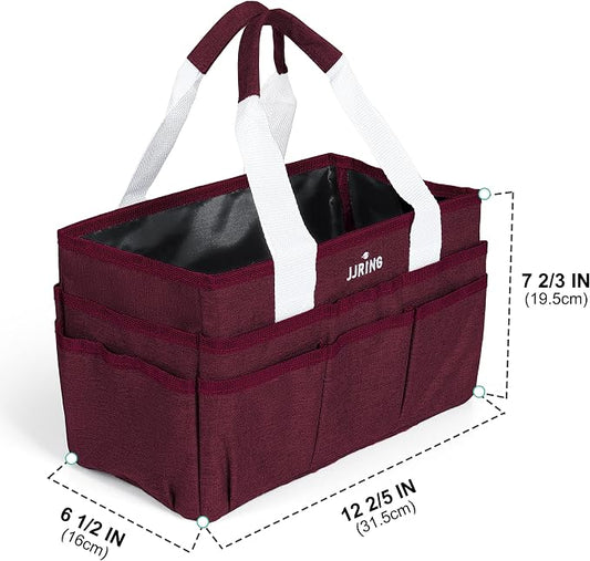 JJRING Craft Organizer Tote Bag, Art Storage Caddy with Multiple Pockets, Dark Red Sewing Bag for Art, Craft, Scrapbooking, School, Medical, and Office