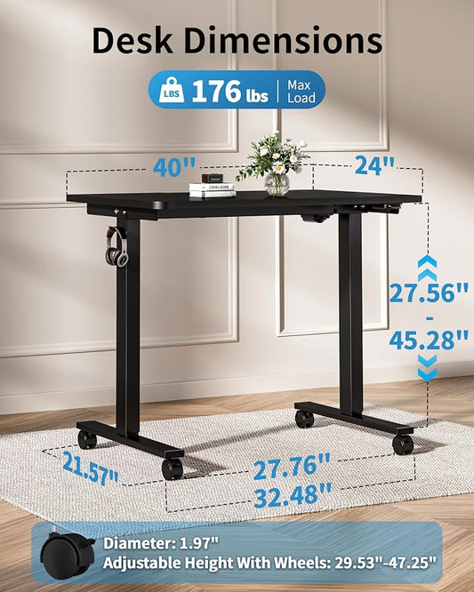 Okin Electric Standing Desk, 40 x 24 Inches Whole Piece Height Adjustable Desk, Black Sit to Stand Desks Computer Workstation with Wheels for Home Office