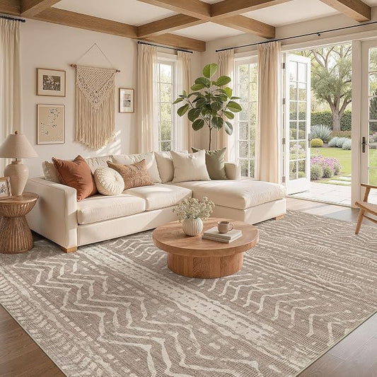 Nakagishi Area Rug Living Room Rugs: 11x15 Large Soft Machine Washable Boho Moroccan FarmNeutral Stain Resistant Indoor Floor Carpet for Bedroom Under Dining Table Home Office Decor-Dark Brown