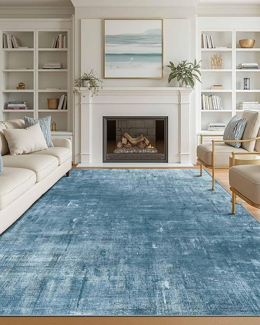 Latte&Fog 9x12 Area Rug for Living Room, Extra Large Blue Modern Abstract Washable Rugs, Boho Non Slip Low Pile Carpet for Indoor Bedroom Dining Room, Office, Dorm, Classroom and Farmhouse - Blue