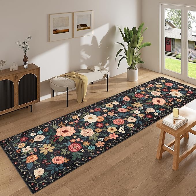 DUKINO 3x12 Washable Runner Rug, Non Slip Soft Floral Hallway Runner Rug with Non Shedding Design, Low Pile Long Floor Carpet for Kitchen, Hallway, Bathroom, Entryway, Laundry, Black