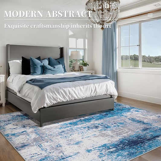 Ciicool Modern Abstract Rug for Living Room, 5'x7' Machine Washable Area Rug Non-Slip Rug, Low-Pile Contemporary Indoor Dining Floor Carpet for Bedroom Office Under Table Home Decor Grey Blue