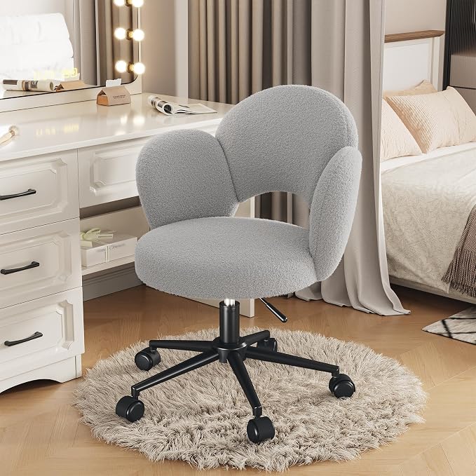 Homkdom Desk Chair with Wheels, 3.94" Thick Comfy Petal Vanity Chair, Swivel Armless Chair with Open Back and Adjustable Height, Ideal for Makeup Study Work and Relaxation, Grey