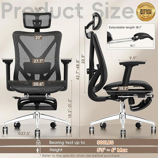 GABRYLLY Ergonomic Office Chair with Footrest, 135° Reclining Desk Chair with Adjustable Lumbar Support,3D Armrest,Headrest & Large Steel Base, 300LBS Heavy Duty Mesh Chair