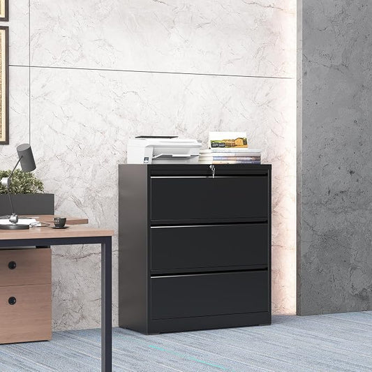 3 Drawer Lateral File Cabinet with Lock, Metal File Cabinets for Home Office, Steel Heavy-Duty Filing Storage Cabinet for Letters/Legal/A4 (Require Assembly, Black)