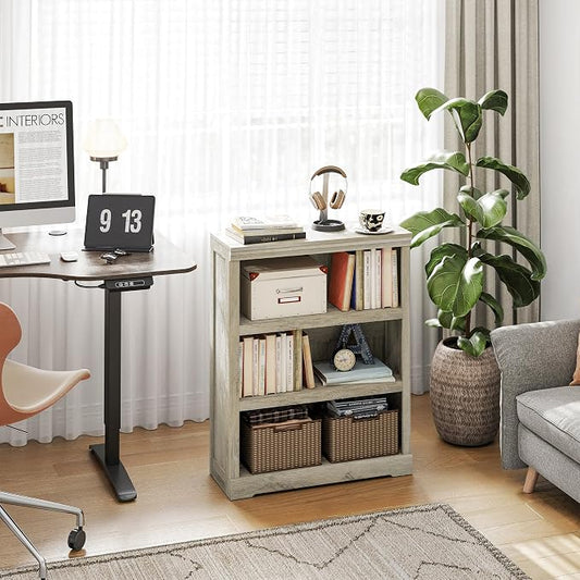 LINSY HOME 3-Tier Bookshelf, Small Wood Display Storage Shelves Farmhouse Bookshelf for Home Office, Living Room, Bed Room - Washed Grey
