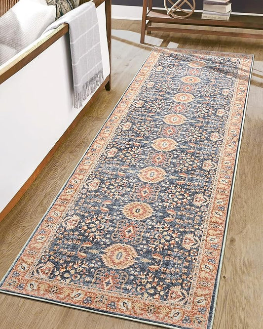 Goideal Washable Runner Rug 2x6, Vintage Rugs Non Slip, Indoor Low Pile Carpet with Rubber Backing for Kitchen Bathroom Entryway Office Bedroom,Navy Blue & Orange