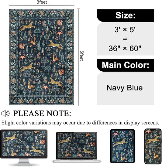 DUKINO 3x5 Rug, Washable Animal Area Rug with Non Slip Vintage Design, Indoor Soft Low Pile Carpet for Bedroom, Nursery, Dining Room, Farmhouse, Playroom, Navy Blue