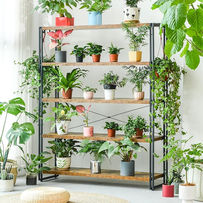 HCHQHS Bookshelf, 5-Tier Industrial Bookcase, Rustic Open Book Shelf, Freestanding Tall Bookshelves with Metal Frame