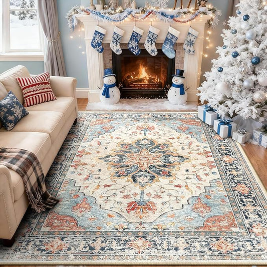 RELEANY Area Rugs 7'x9' Washable Non-Slip, Floral Vintage Distress Medallion Carpet for Living Room Bedroom Dining Room, Beige Navy Blue Orange Colorful