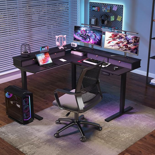 SANODESK 63" L Shaped Standing Desk with 3 Drawers, Height Adjustable Stand up Desk, Corner Gaming Desk with Monitor Stand, Black Frame/Black Top