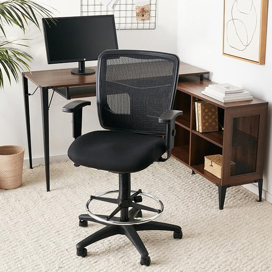 Lorell Ratchet Stool Office Chair - Ergonomic Mid-Back Design with Breathable Mesh, Cushioned Fabric Seat, Adjustable Chrome Foot Ring & Arms - Perfect Comfort for Your Workspace