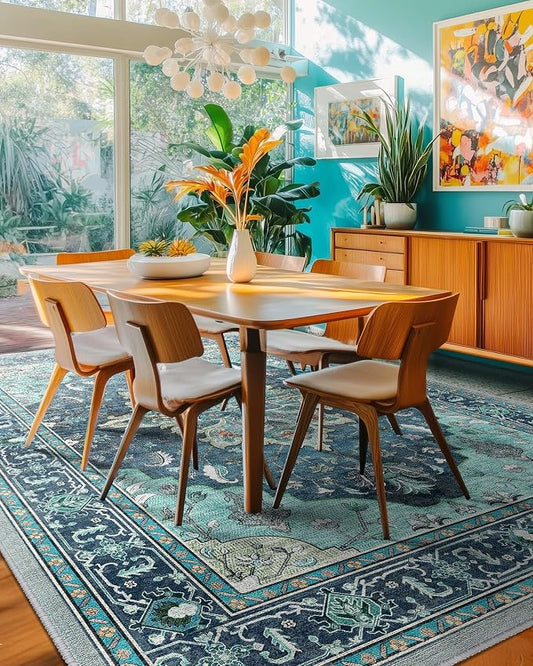 RELEANY Area Rugs 6'x9' Washable Non-Slip, Floral Vintage Distress Medallion Carpet for Living Room Bedroom Dining Room, Teal Green Lake Blue Turquoise