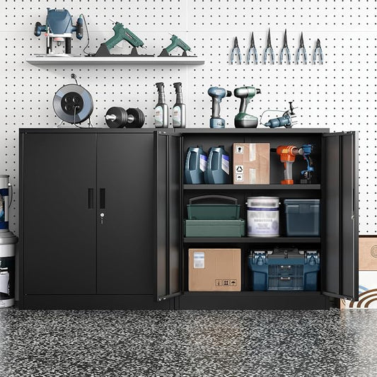 Metal Storage Cabinets, Locking Cabinet with 2 Doors and Shelves, 36" H Metal Garage Cabinet for Office, Home, Garage, Warehouse (Black)