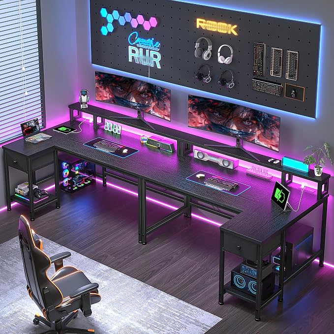 DurayLoly 48" L- Shaped Gaming Desk with LED Lights & Power Outlet,Gaming Desk with Monitor Stand for Gamer,Home Office Desk with Drawer for Student Study Room,Bedroom,Small Working Room,Black