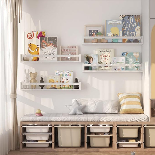 Onlysky Set of 4 Wall-Mounted Kid's Bookshelf - White Floating Nursery Book Shelves - Durable Wood Construction - Ideal for Nursery Decor, Kids Room, Toy Storage