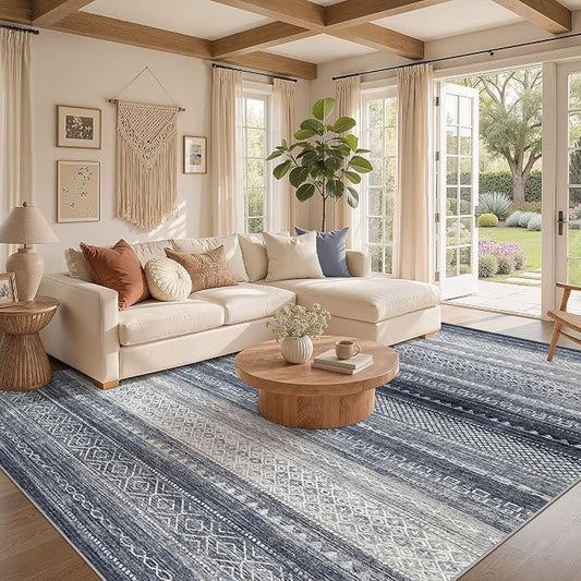 6x8 Area Rugs Living Room: Washable Boho Large Neutral Soft Rug Modern Stain Resistant Moroccan Indoor Non Slip Floor Carpet for Bedroom Nursery Kids Playroom Office Dining Room Dorm- Blue