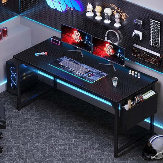 OLIXIS 63 Inch Computer Desk for Home Office, Writing Study Craft Gaming Table, Modern Computer Workstation with Storage Bag and Headphone Hook for Bedroom Small Spaces, Black