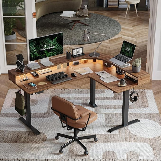 FEZIBO 63"x49" L Shaped Standing Desk with Arc LED & Power Outlet, Electric Height Adjustable L Shaped Desk with Monitor Stand, for Gaming Office, Black Walnut(2 Packages)