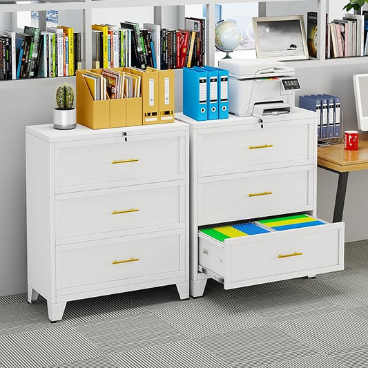 Metal Lateral File Cabinet with Lock,3 Drawer Steel Wide Filing Organization Storage Cabinets for Legal/Letter/A4/F4 Size with Hanging Files&Key,Lockable Printer Stand for Home Office, White