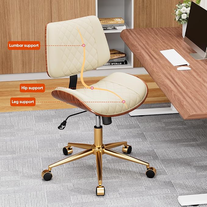 Home Office Desk Chair with Swivel Wheels, Modern PU Leather Armless Office Chair, Small Mid Back Computer Chair for Home Office, Reading Meeting Room (Beige, Gold Wheels)